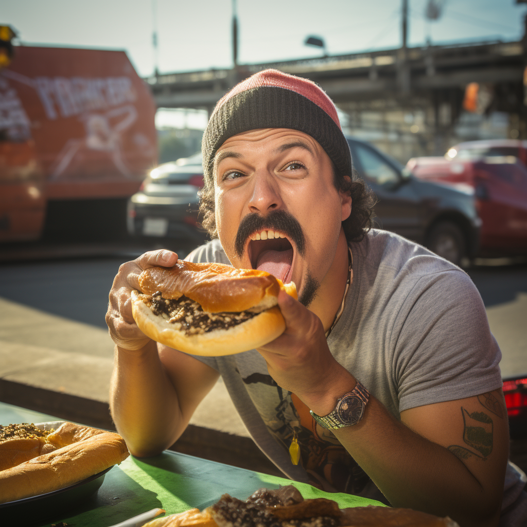 A man with a thick mustache, wearing a beanie and T-shirt, and eating a huge sandwich outdoors