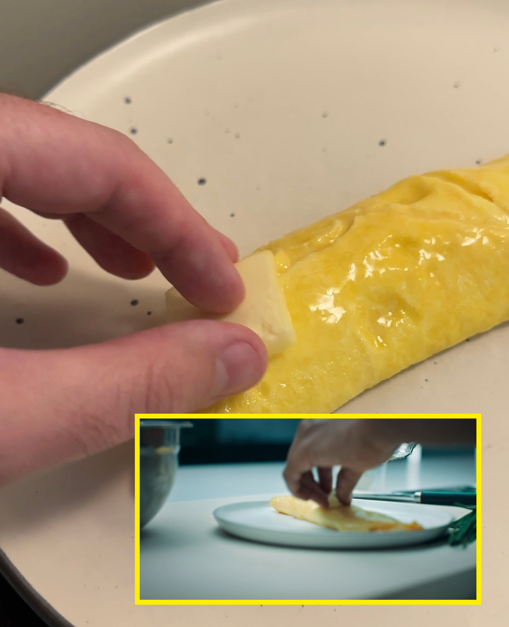 author putting butter on top of the omelet in contrast with Sydney doing the same in the episode