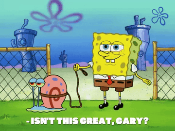 GIF of SpongeBob saying &quot;Isn&#x27;t this great, Gary?&quot; to his pet snail