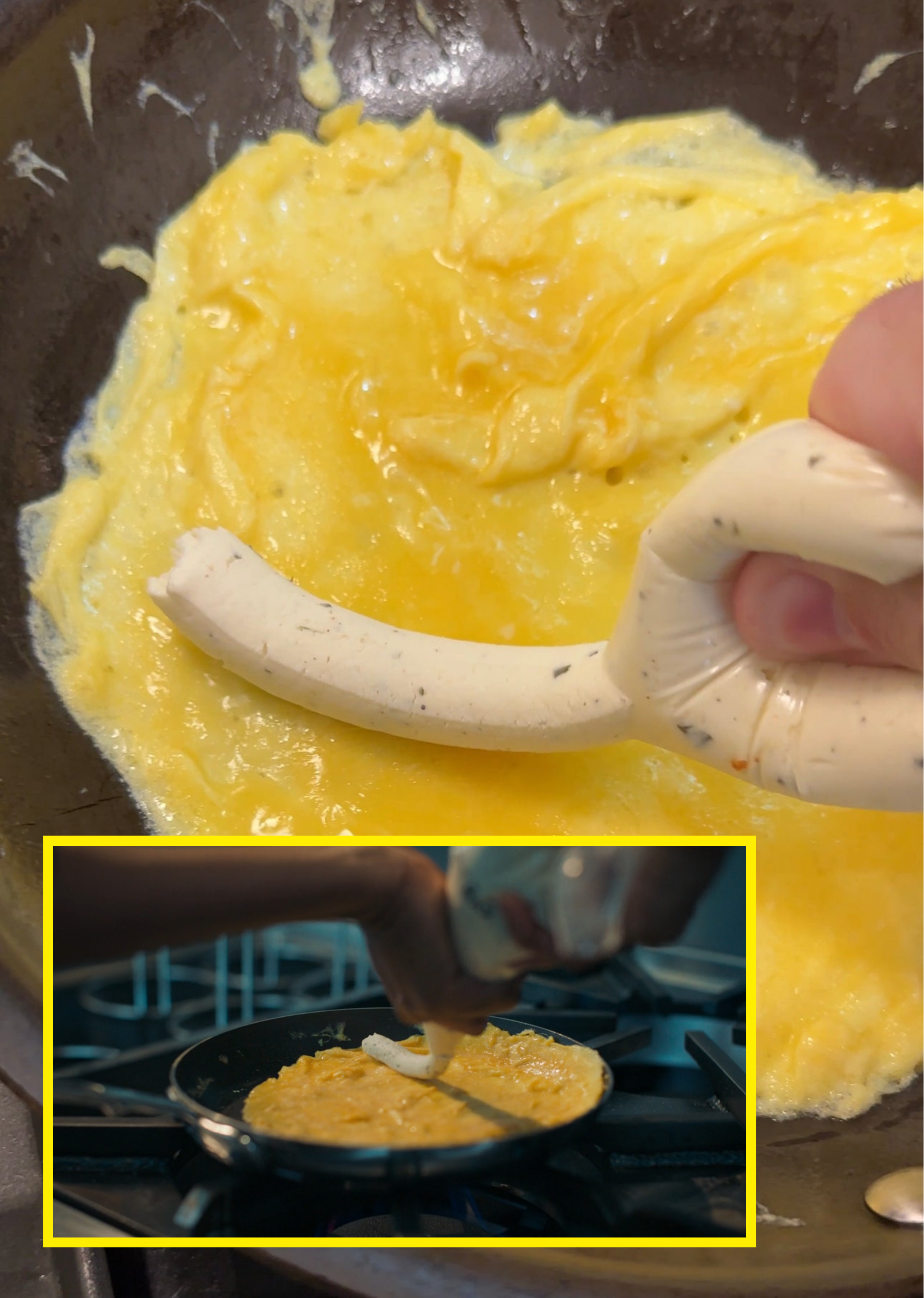 author piping a line of Boursin onto the omelet next to Sydney doing the same in The Bear