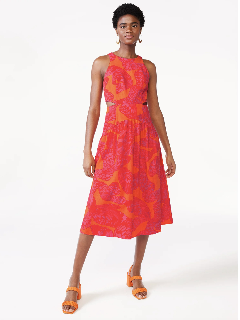 An orange and pink midi dress