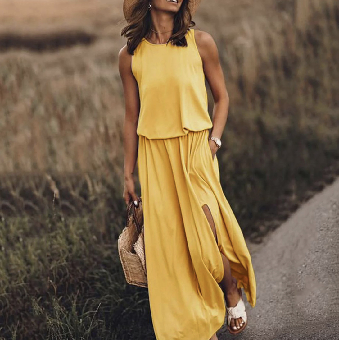 A yellow sleeveless dress