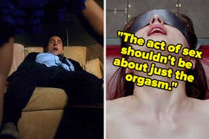 Steve Carell and Dakota Johnson, text: "The act of sex shouldn't be about just the orgasm."