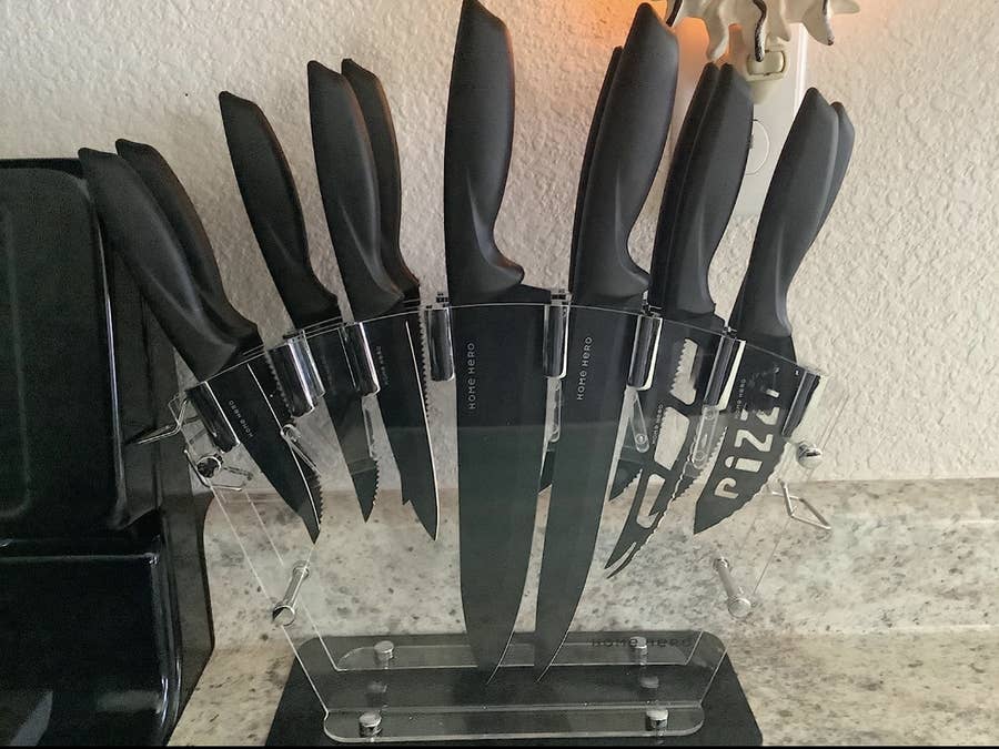  Black and Gold Knife Set with Block Self Sharpening withBlack  and Gold Kitchen Utensils with Gold Utensil Holder and Gold Magnetic  Measuring Spoons- 36 Piece Luxe Black and Gold Kitchen Accessories