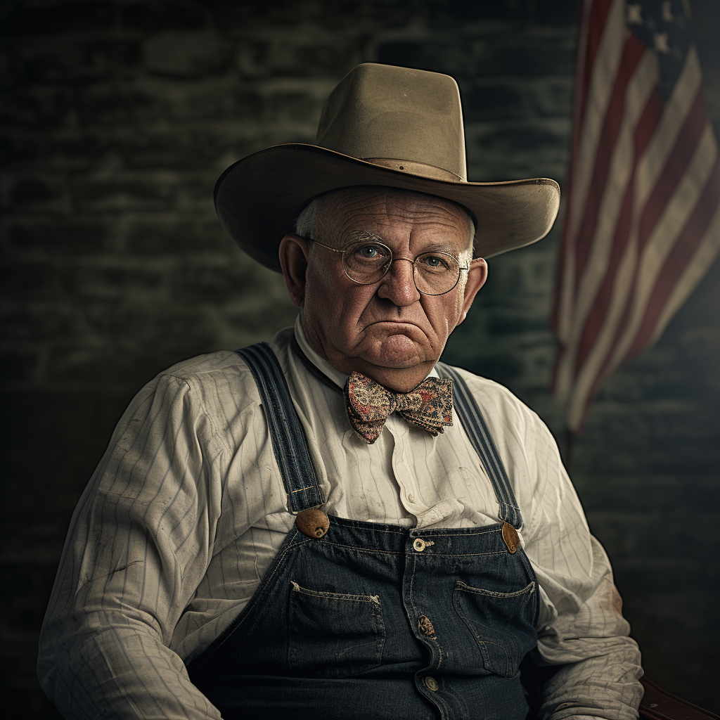An older man wearing a wide-brimmed hat, overalls, and a long shirt and bow tie glowers at the camera