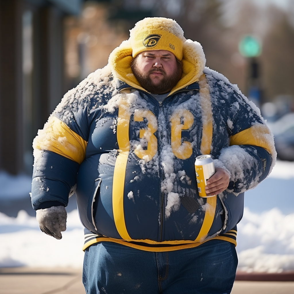 A heavy-set man wearing a hooded jacket with snow on it, thick beanie, and jeans and carrying a beverage can
