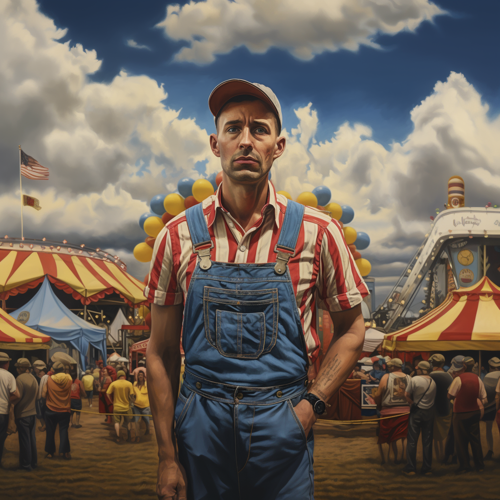 A man wearing a cap, striped T-shirt, and overalls stands in the middle of a county fair