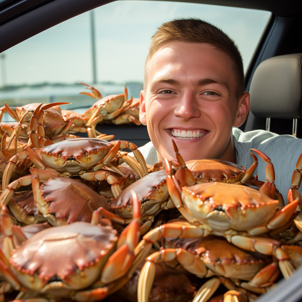 A smiling, clean-shaven young man sits with a pile of crabs