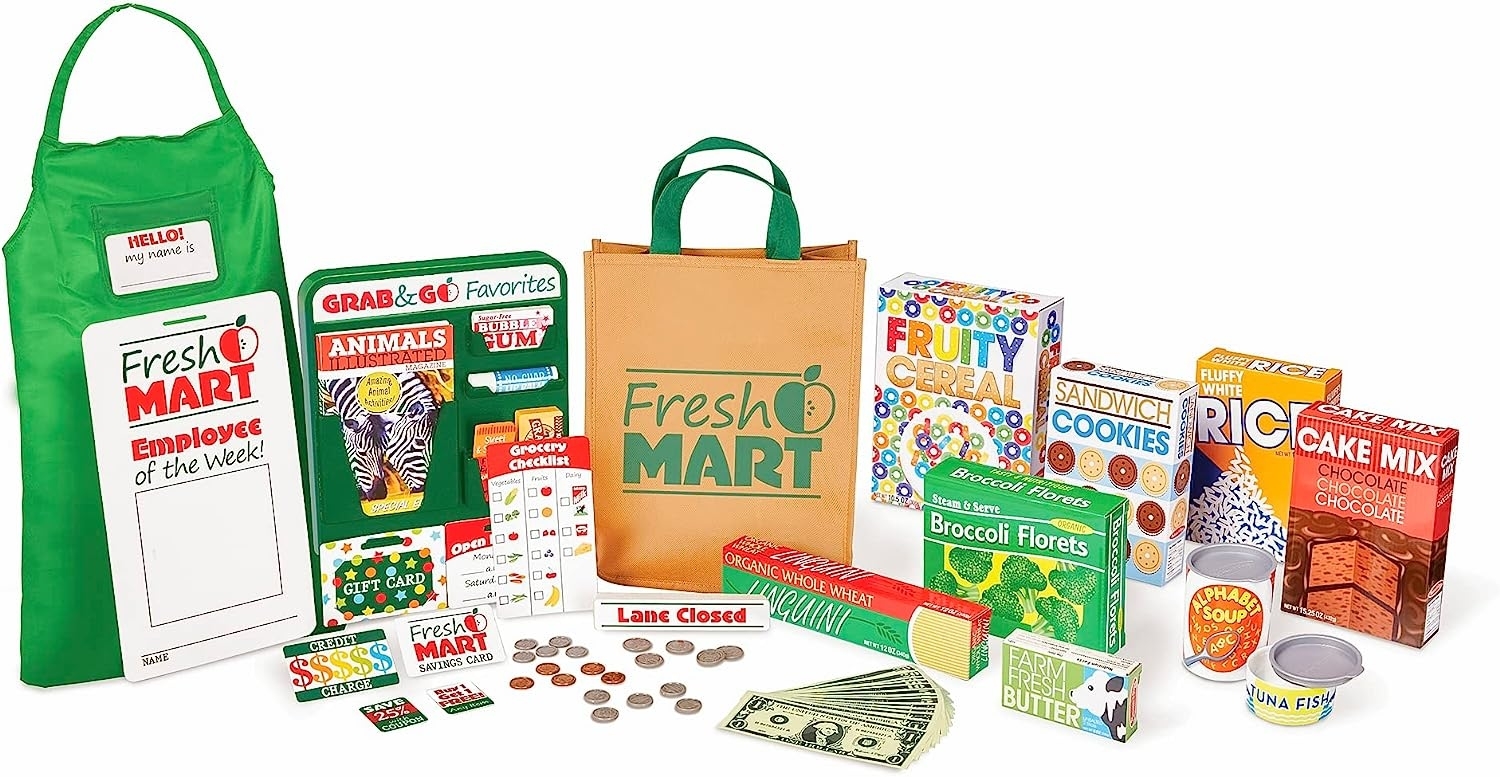 The set which includes groceries, bag, money, and more