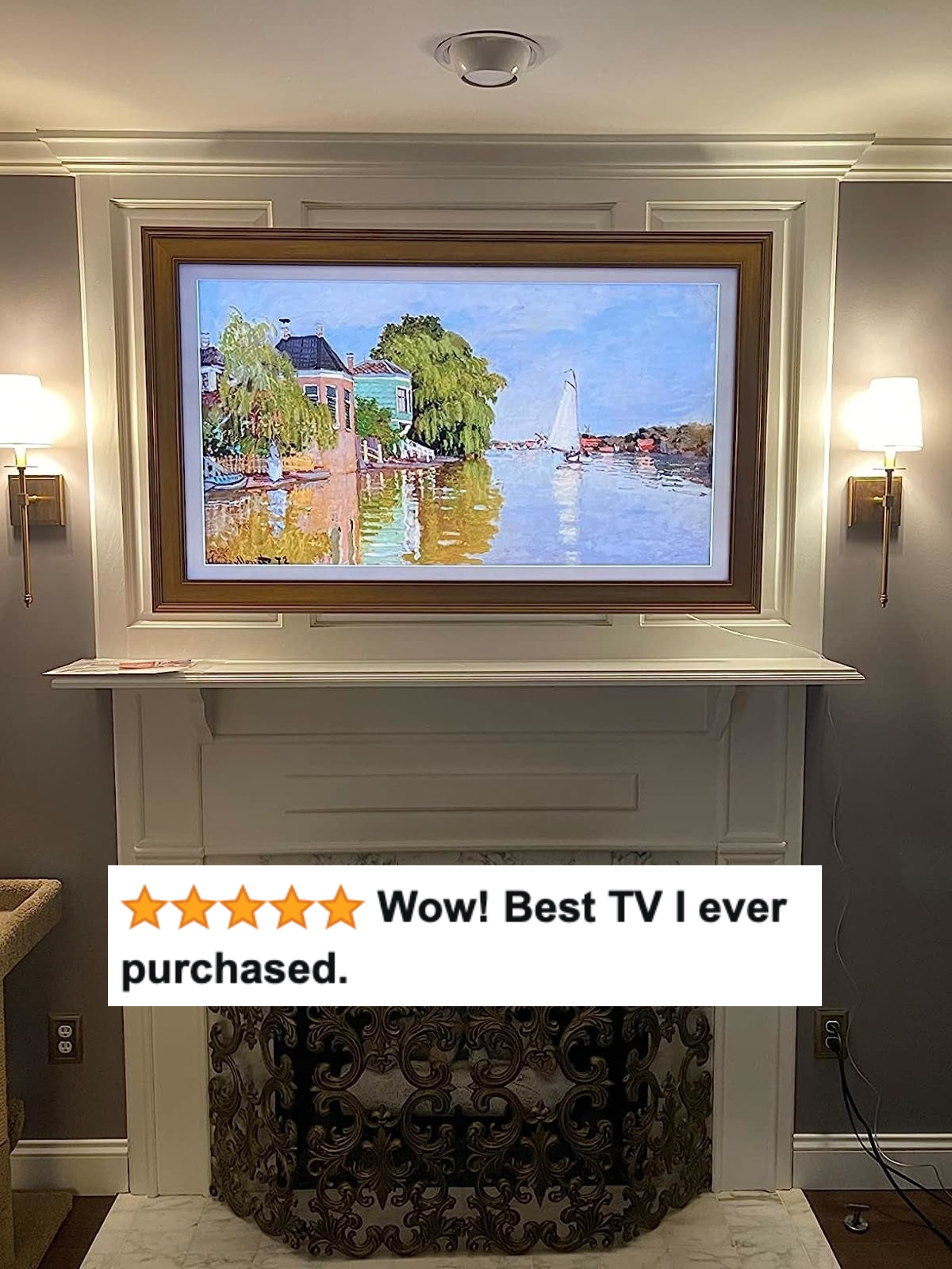 reviewer&#x27;s tv with painting on it and five star review text saying &quot;wow! best tv I ever purchased&quot;