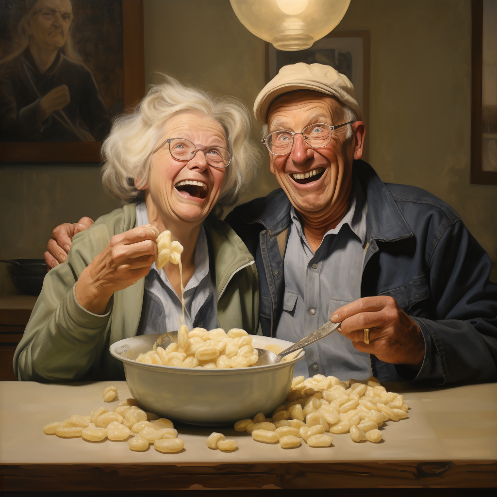An older man and woman smiling and sitting in front of a huge bowl of what could be cereal