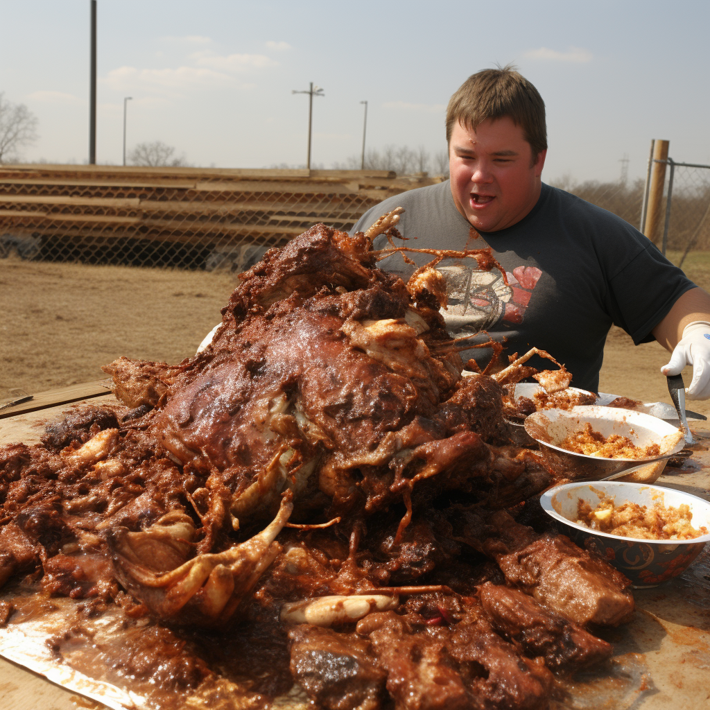 A man wearing a T-shirt sits in a dirt field with a huge mountain of barbecued meat and bowls in front of him
