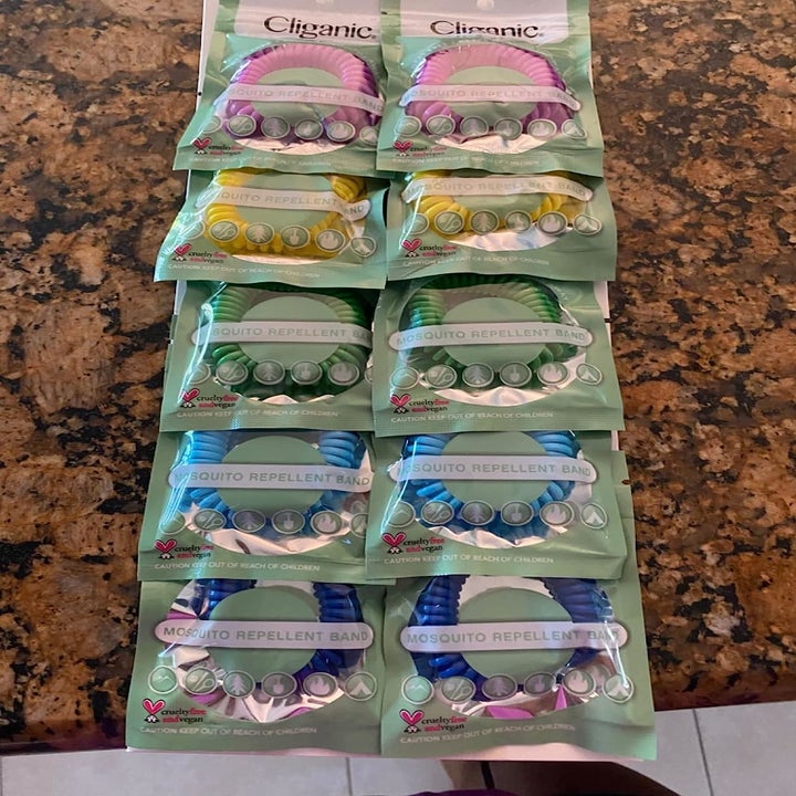 pack of ten differently colored wrist bands to deter mosquitos