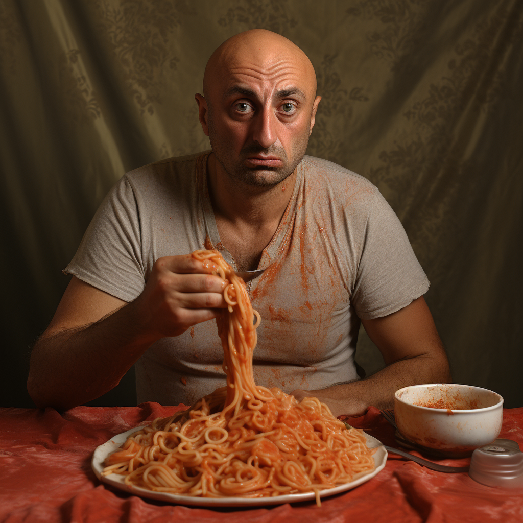 A bald man with a stained T-shirt sits in front of a huge plate of spaghetti