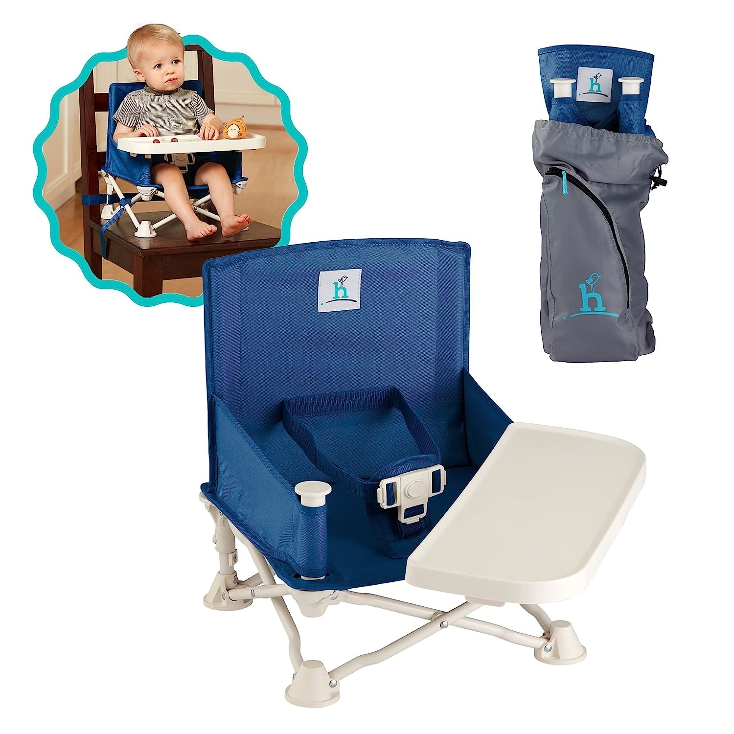 blue booster seat with removable tray and buckle