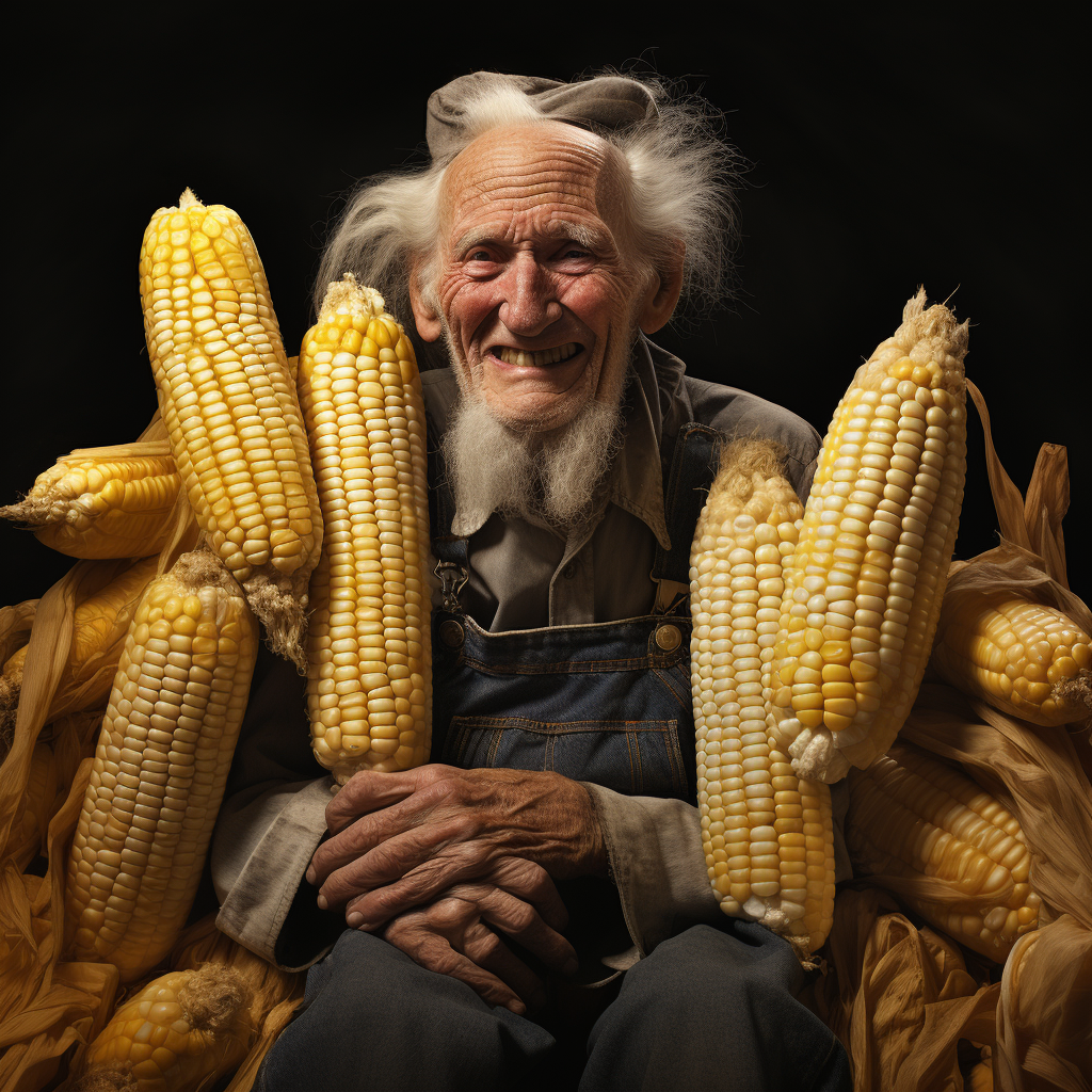 An older smiling, balding man with an unkempt beard and hair and wearing overalls sits amid many unusually huge ears of corn