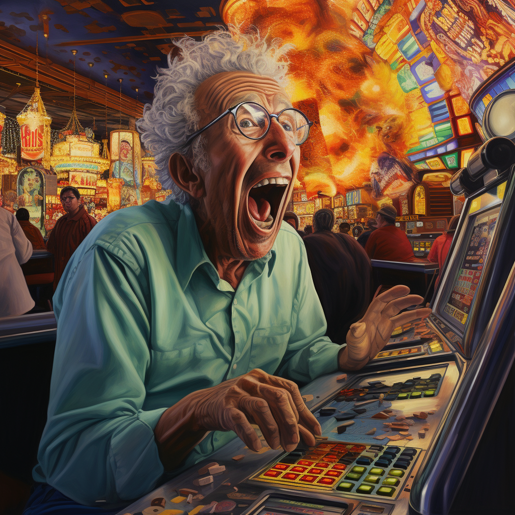 An excited older person sitting at a video gambling machine