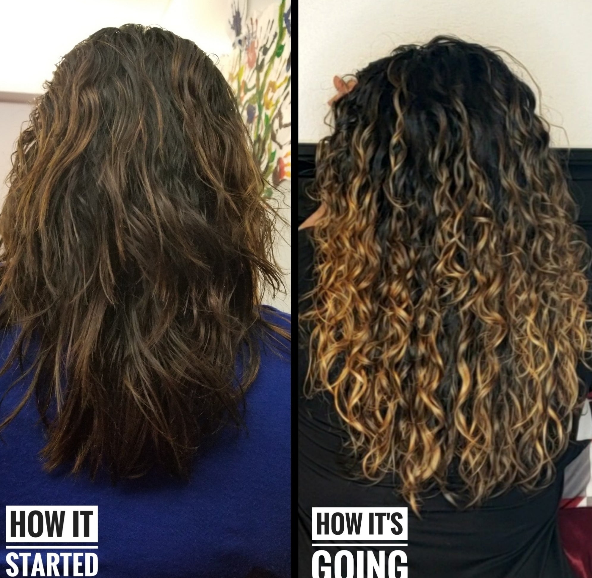 person with wavy hair and then same person with defined curls with this curl cream