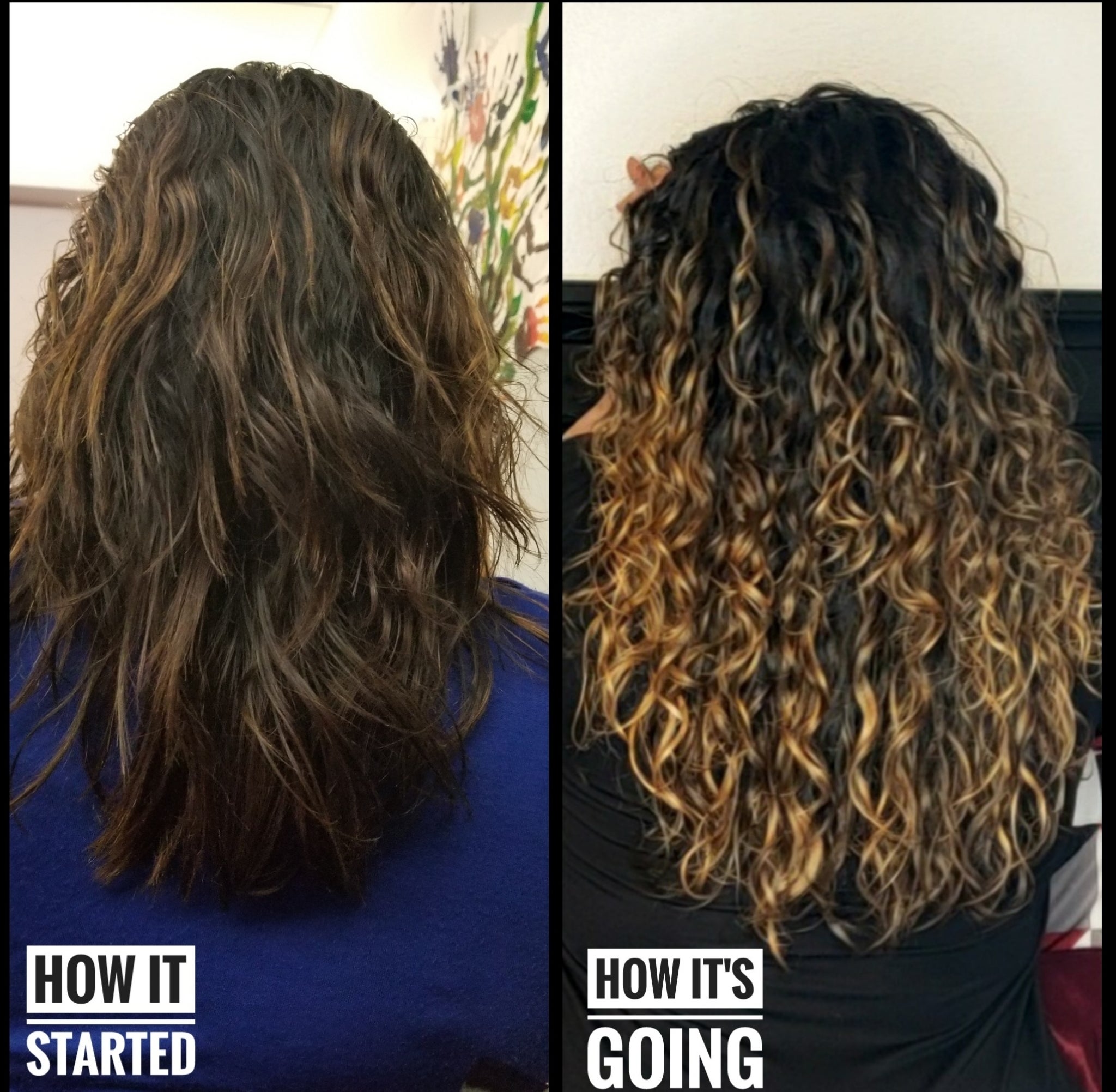 person with wavy hair and then same person with defined curls with this curl cream