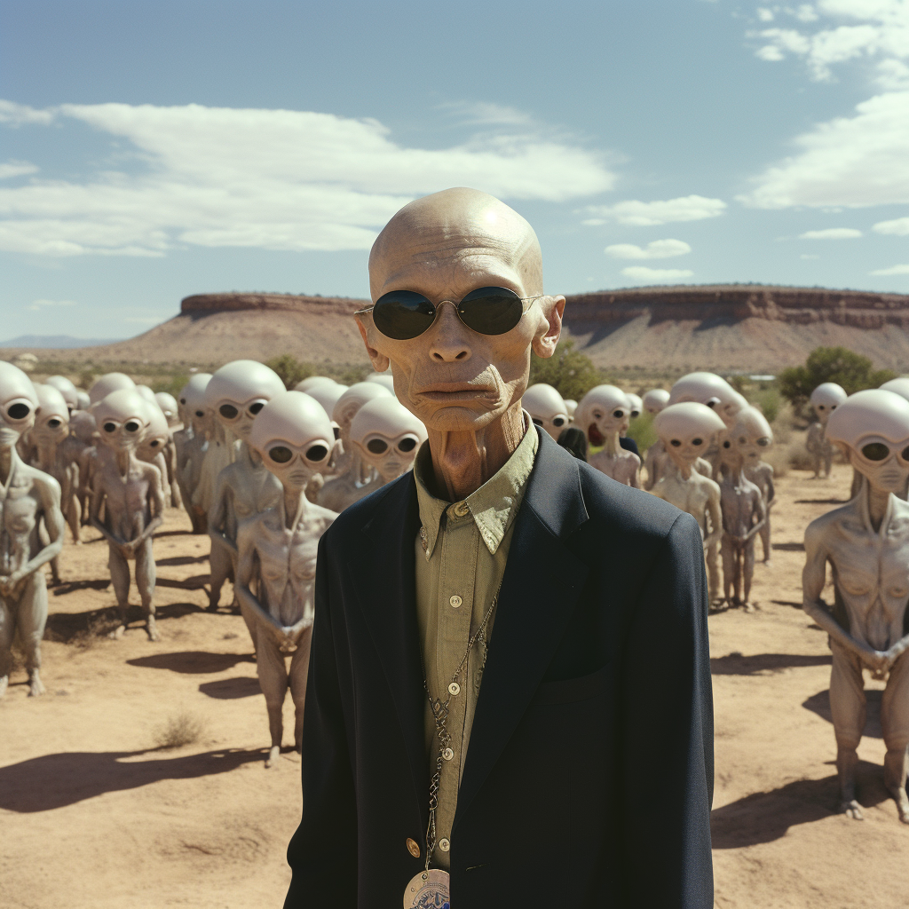 An alien-looking bald man stands in an arid setting with a large group of alien-looking beings behind him