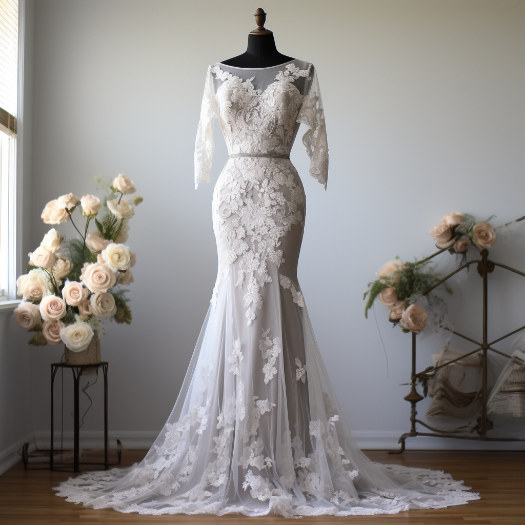 A fit and flare wedding wedding dress with a lacy overlay, a belt at the waist, a sweetheart neckline, and 3/4 length lacy sleeves