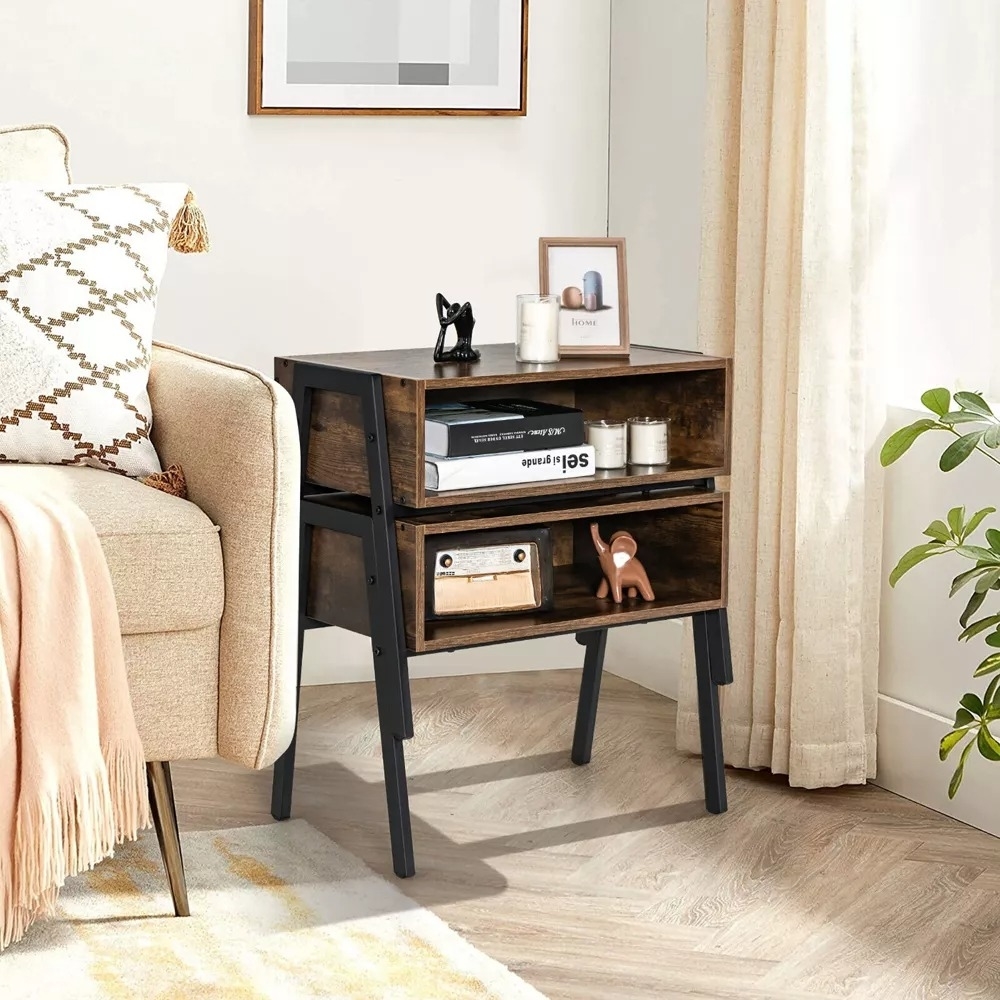 brown two-piece stackable nightstand next to armchair