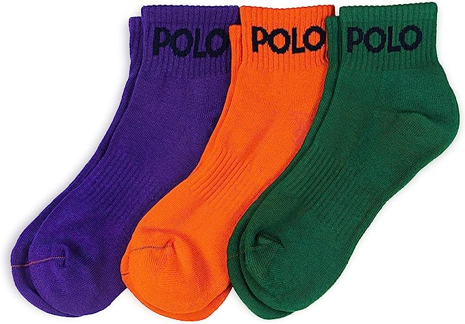 Three Pairs of Polo Socks in Purple, Orange, and Green Colors