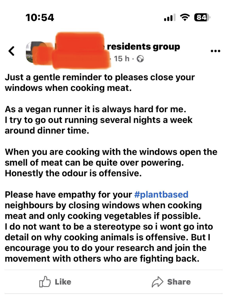 vegan person asking neighbors to close their windows when cooking meat