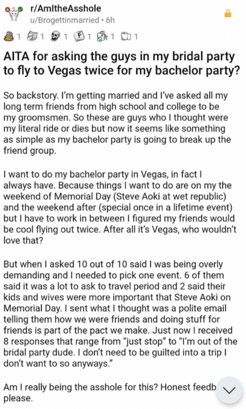 AITA for asking my my bridal party to fly to vegas twice
