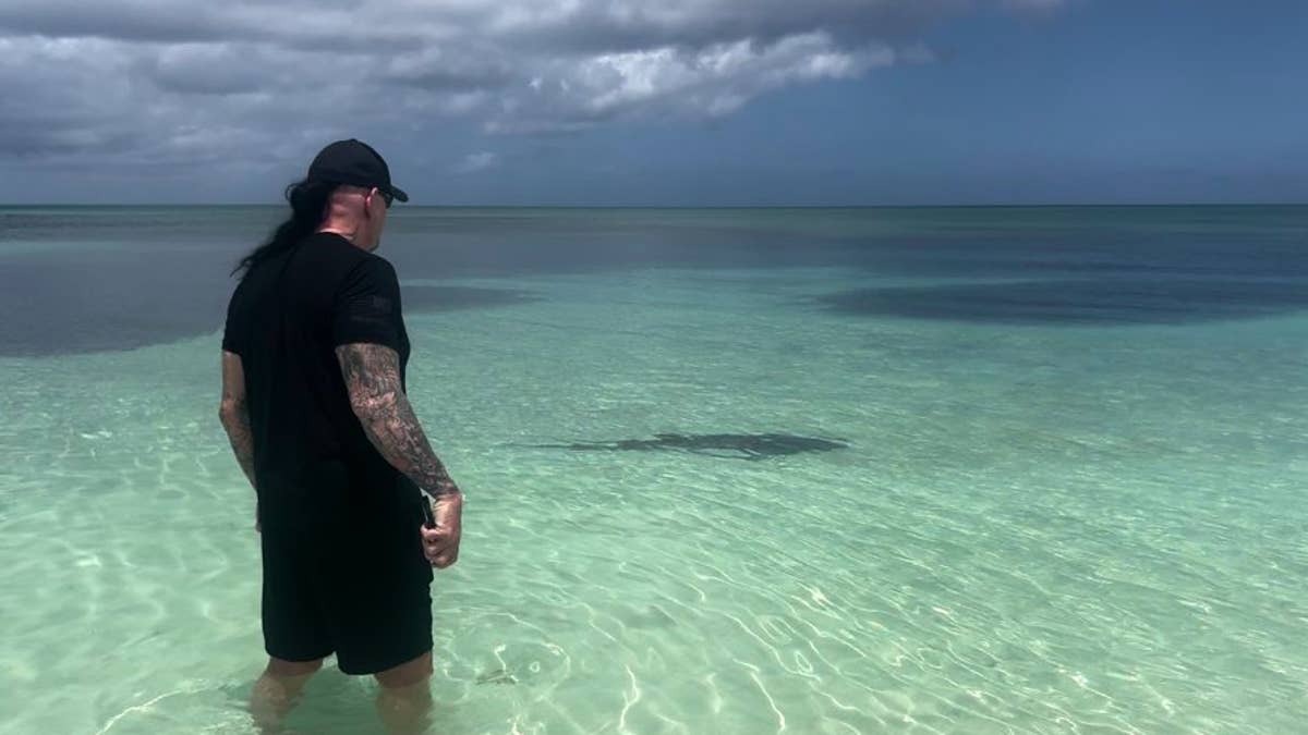 In one photo, the WWE Hall of Famer is pictured staring at the shark, who seemingly acquiesces.