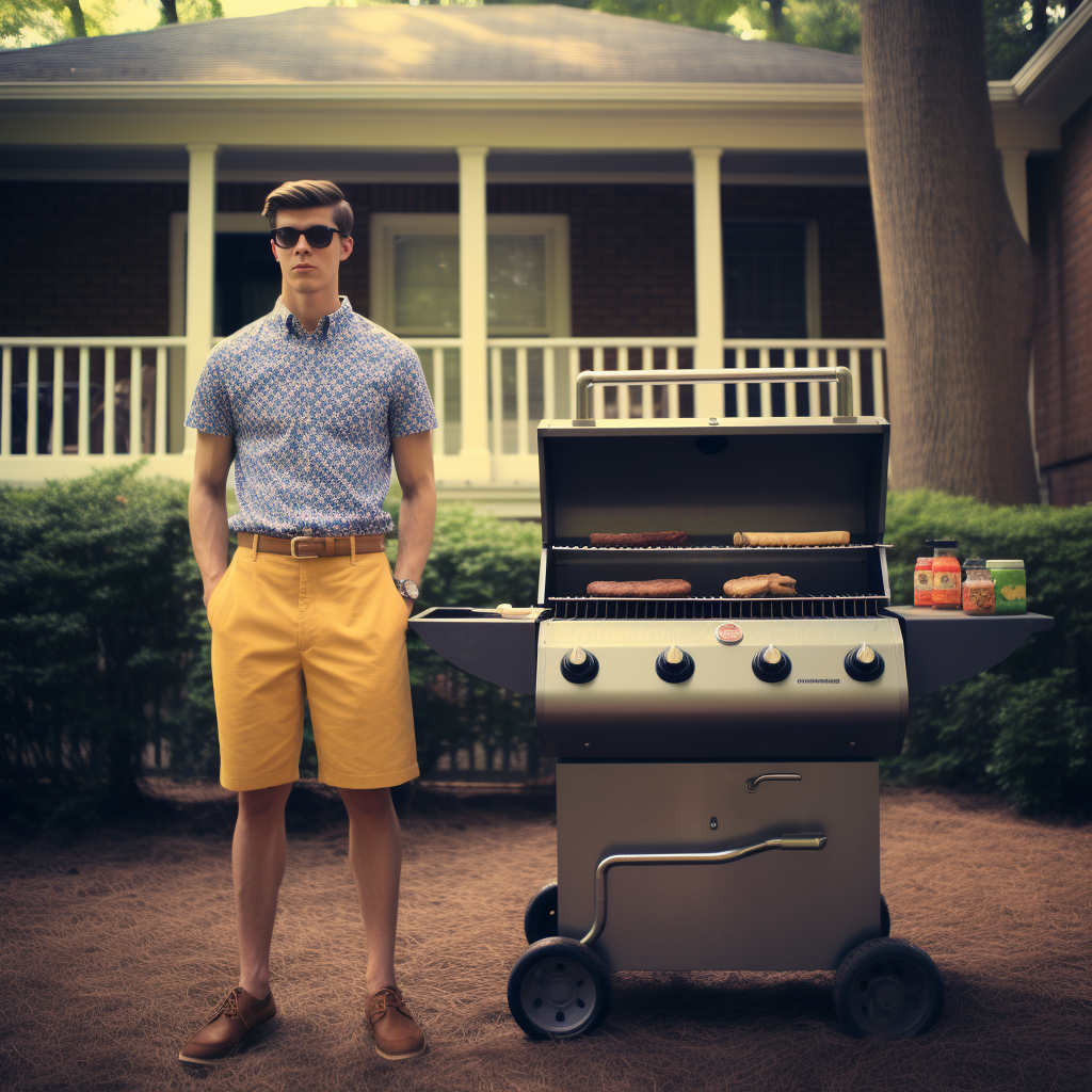 A man in Bermuda shorts and a short-sleeved T-shirt stands in front of a house with a porch and next to a grill