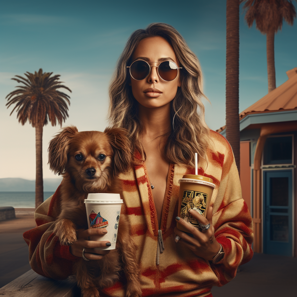 A young woman with long, light brunette hair, wearing sunglasses, standing in front of a palm tree and the beach, and holding a small dog and two beverage cups