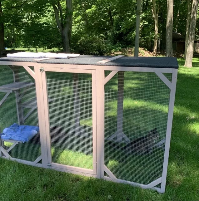 Reviewer&#x27;s photo of the catio in use on a lawn in the color Gray