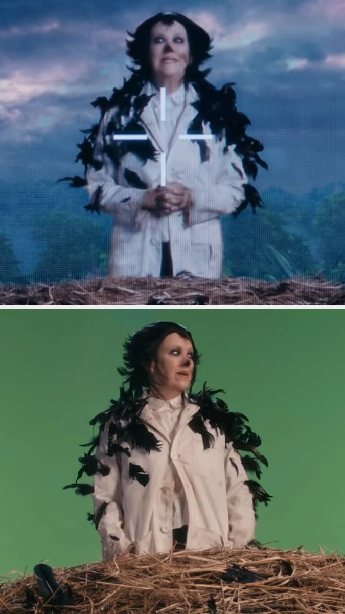 Moira Rose as Dr. Clara Mandrake in her crow costume