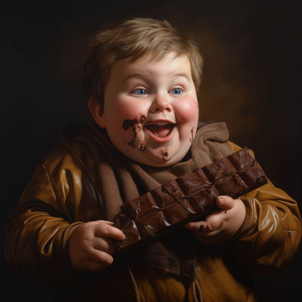 A smiling young boy with thick, rosy cheeks and chocolate on his face holds a large chocolate bar