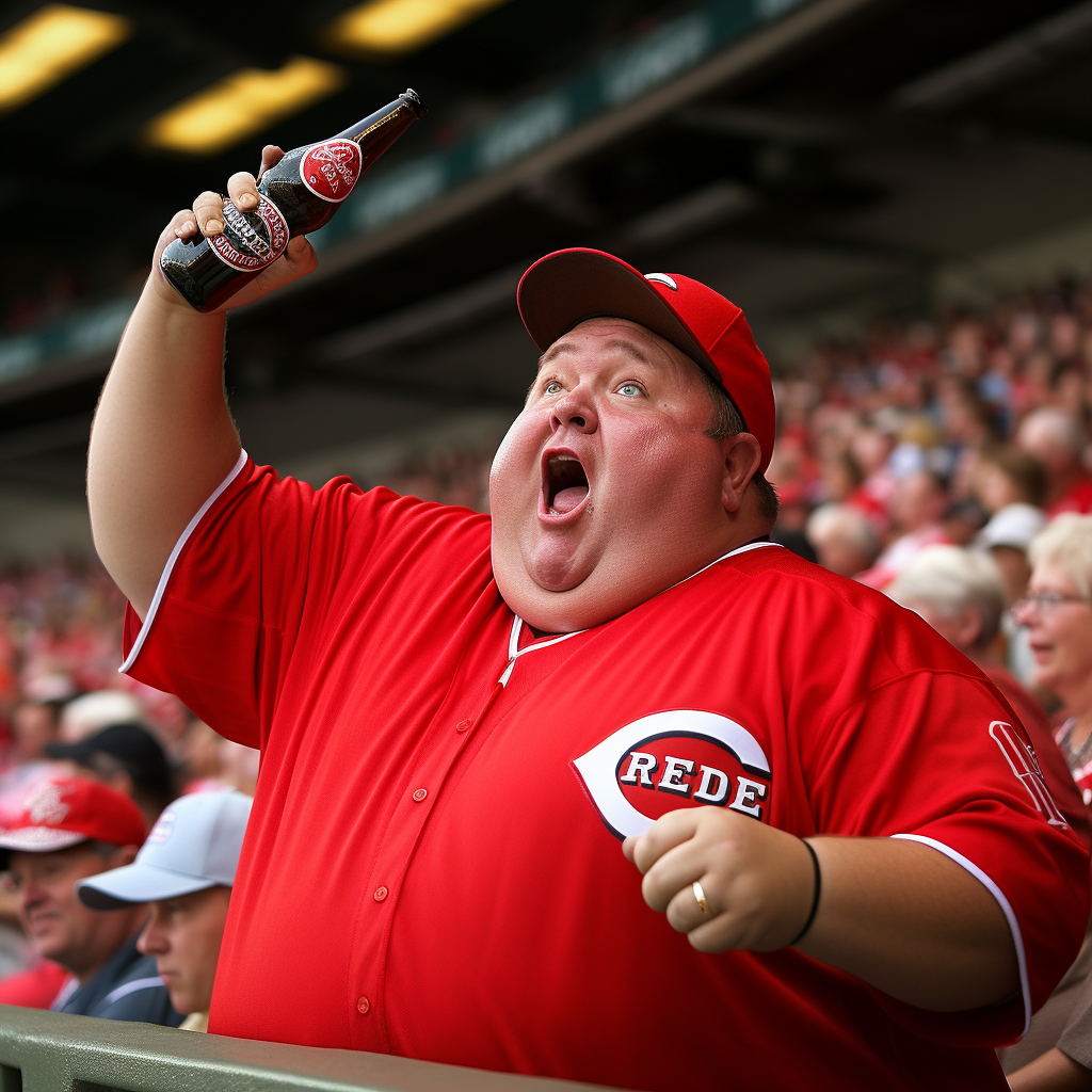 A man with a thick neck and several chins and wearing a baseball cap holds a bottle of bear in the stands of a baseball game