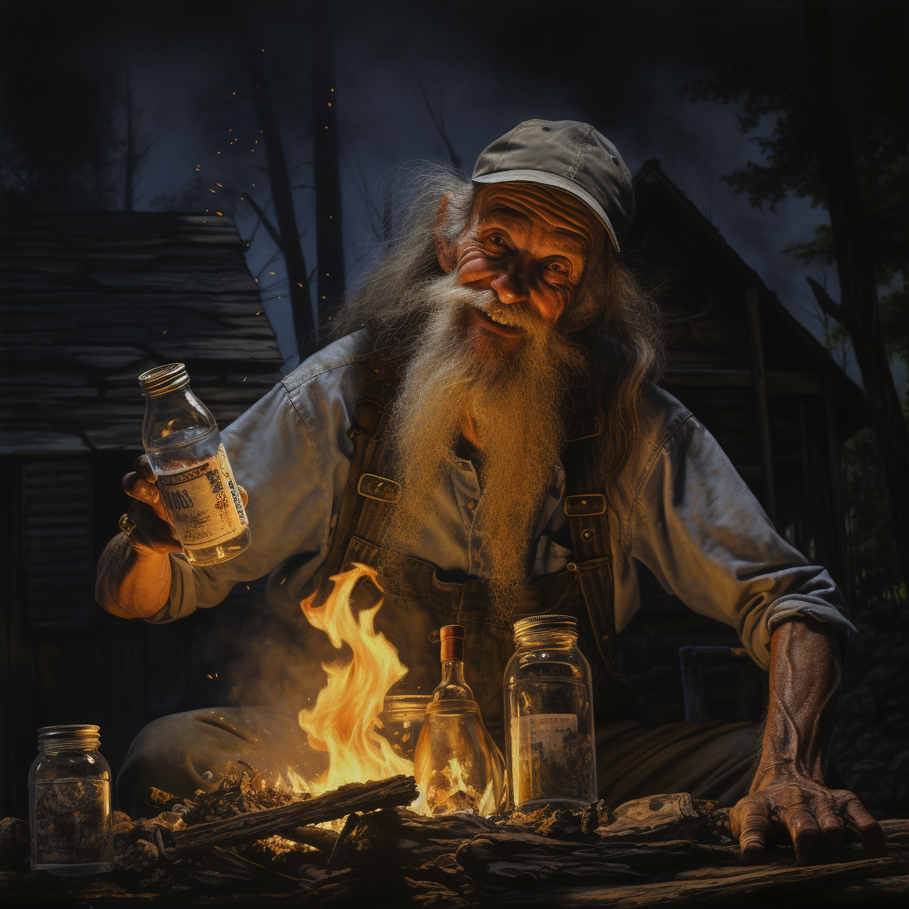 A man with a thick mustache and long, unkempt beard and wearing a cap, overalls, and loose shirt sits in front of a lit fire holding a bottle