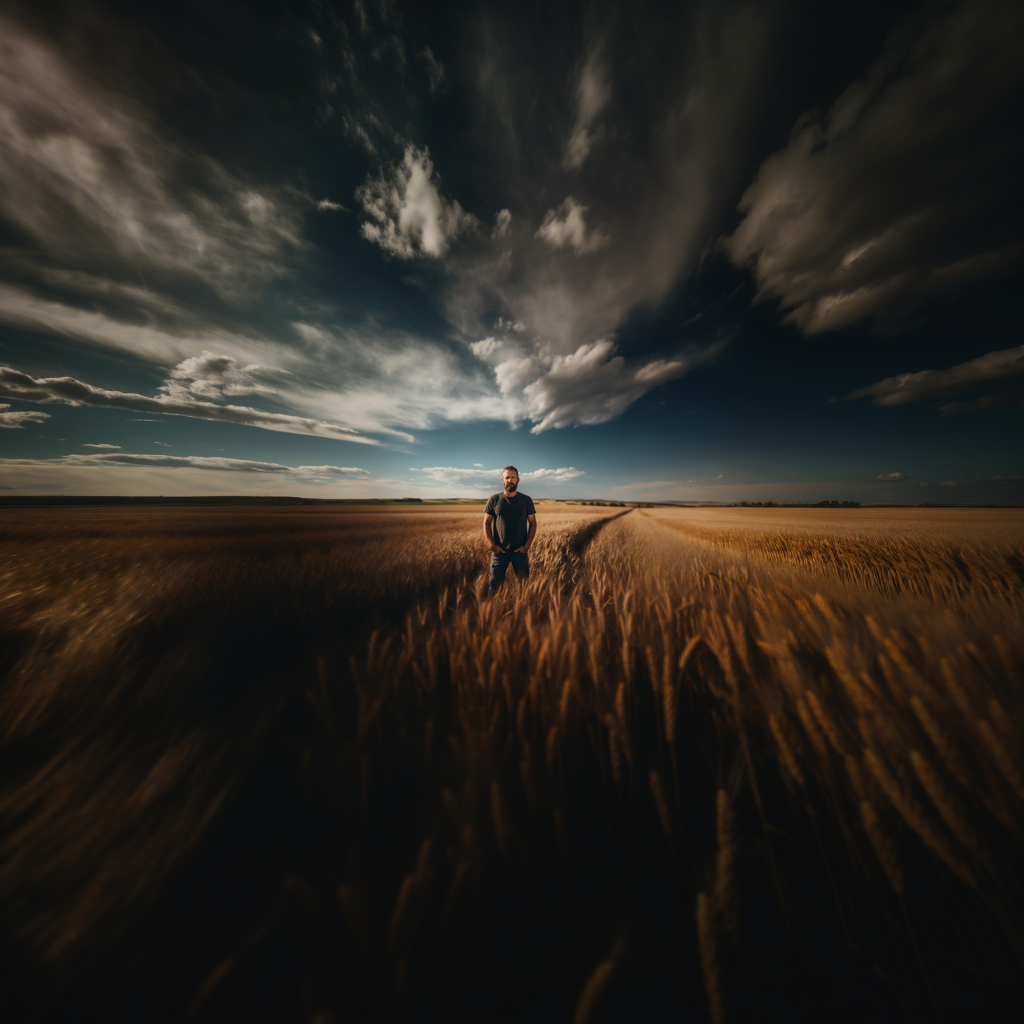 A man stands in the middle of a wheat field with the expanse of sky behind him