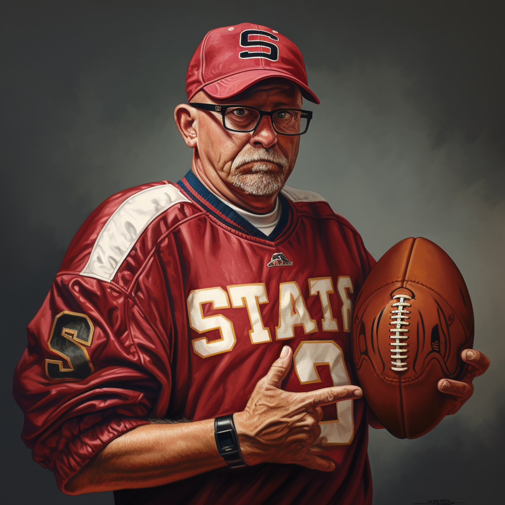 An older man wearing a cap and football jersey and pointing to the football he&#x27;s holding