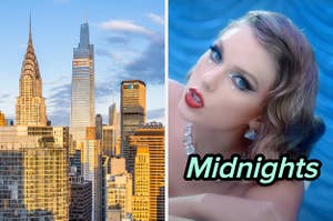 On the left, the New York City skyline, and on the right, Taylor Swift in the Bejeweled music video labeled Midnights