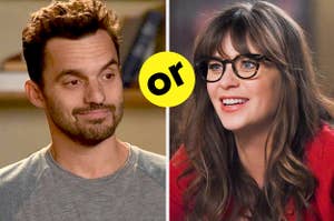 pictures of nick and jess from new girls with an or badge in the middle