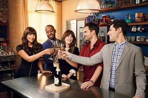 cece, winston, jess, nick, and schmidt from "New Girl" clinking wine glasses