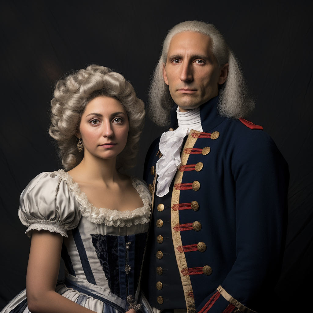 A man with long, silvery white hair and a woman with curly, silvery white hair, both of them wearing Revolutionary War–era, pilgrim-type clothing