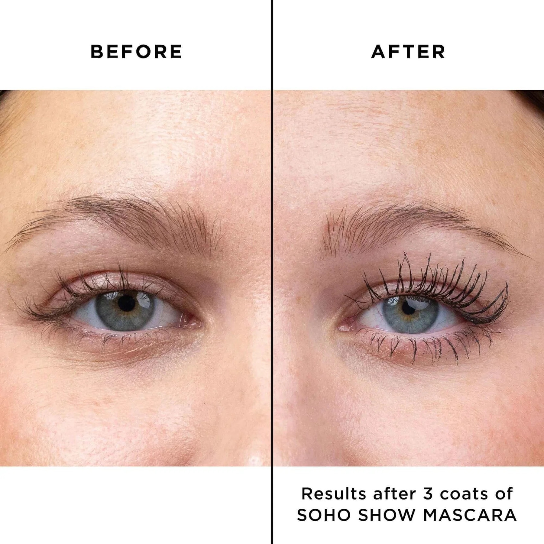 A before and after photo of a model using the mascara