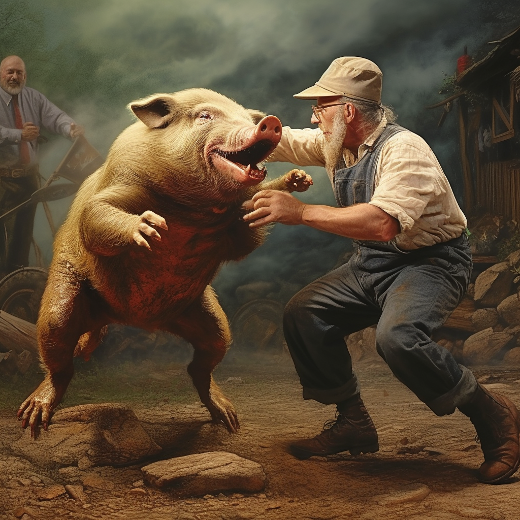 An older man with a long white beard and wearing a cap and overalls stands next to a huge pig on its haunches as if he&#x27;s about to hug or dance with it