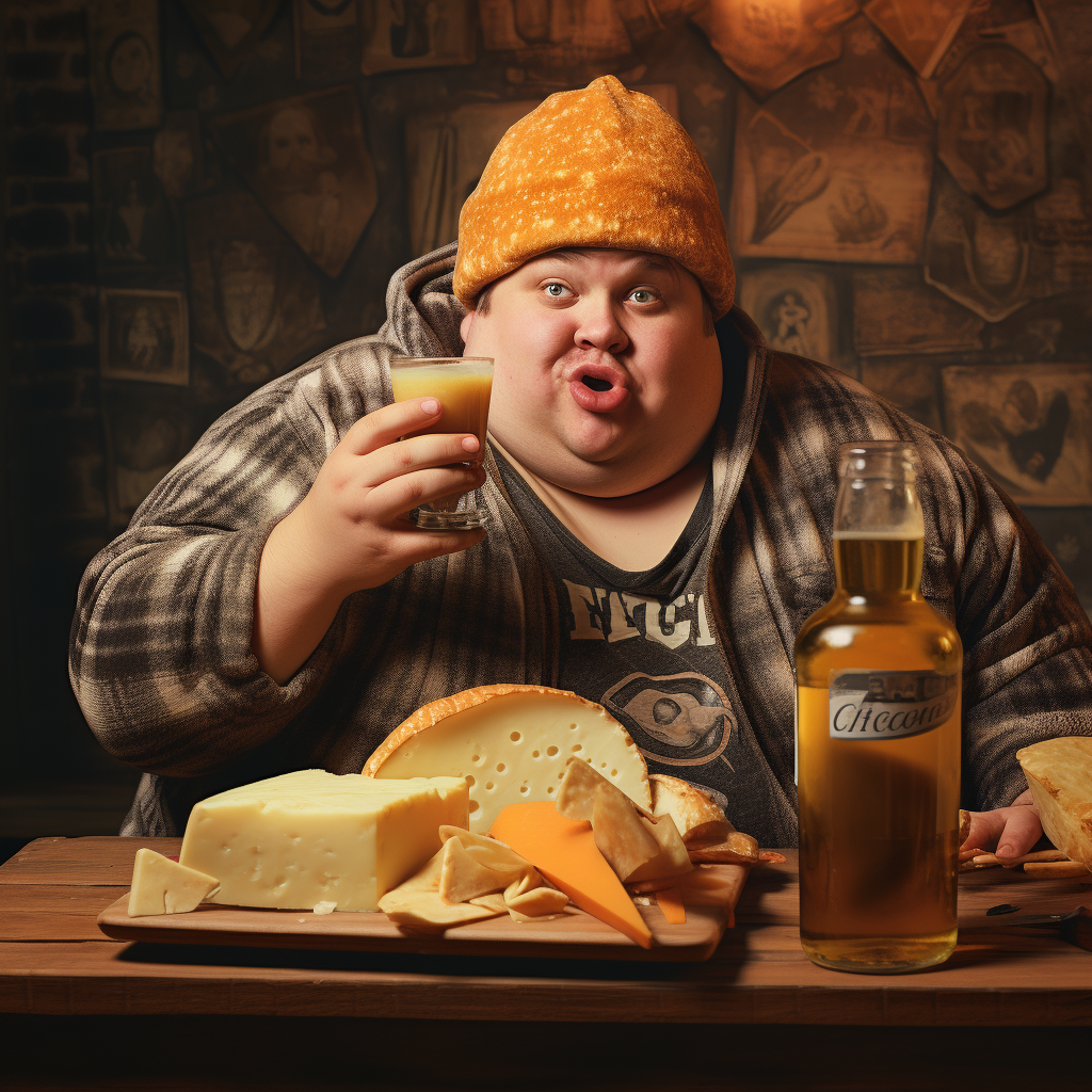A large man wearing a beanie and a plaid shirt holds a glass and sits in front of a wooden cutting board with different types of cheese on it