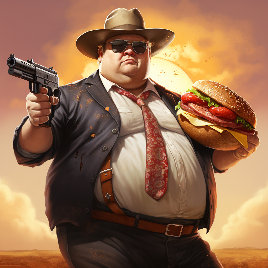 A man with a very large belly, wearing a wide-brimmed hat, sunglasses, tie, shirt, and overalls, holds a huge cheeseburger and a gun