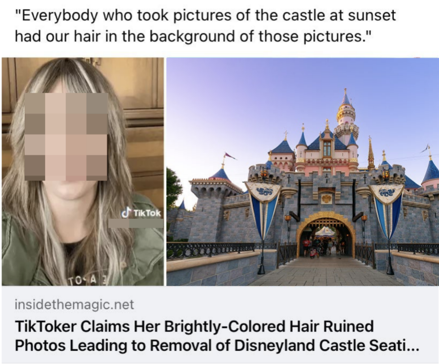 tiktoker claims her brightly colored hair ruined photos leading to removal of castle seating