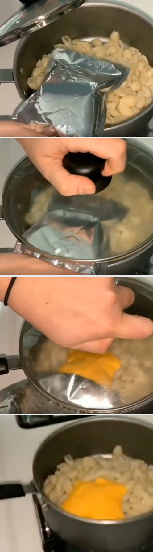Person using pot lid to squeeze mac &#x27;n&#x27; cheese out of the bag