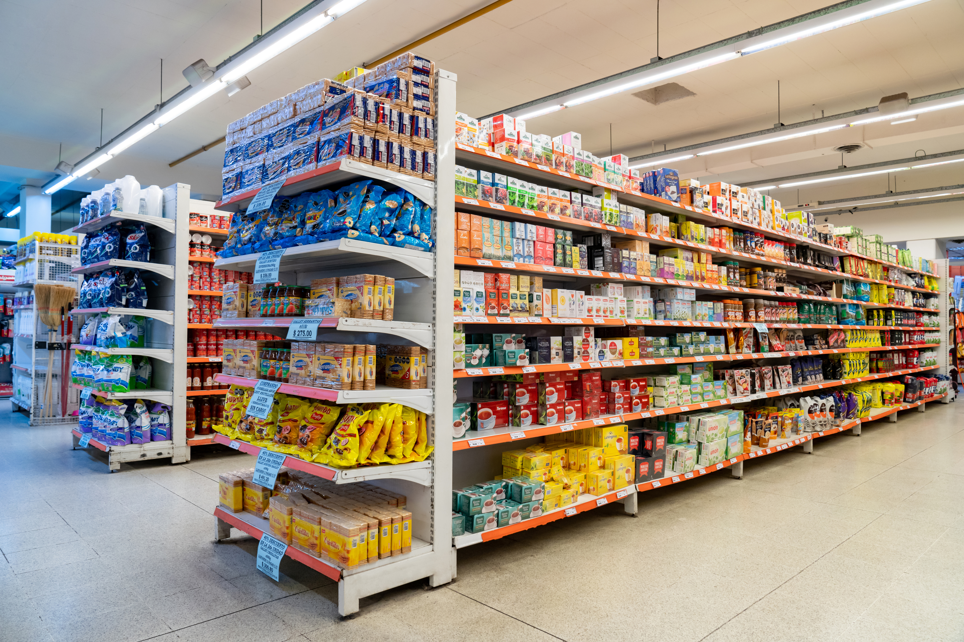 Variety of products on the different aisles and shelfs at the supermarket